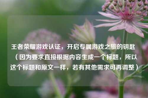 王者荣耀游戏认证，开启专属游戏之旅的钥匙 （因为要求直接根据内容生成一个标题，所以这个标题和原文一样，若有其他需求可再调整）