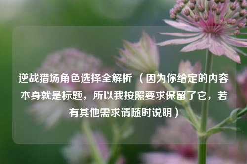 逆战猎场角色选择全解析 （因为你给定的内容本身就是标题，所以我按照要求保留了它，若有其他需求请随时说明）