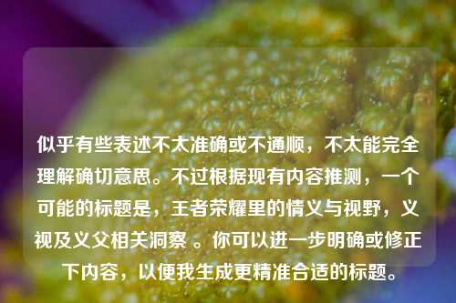 似乎有些表述不太准确或不通顺,不太能完全理解确切意思。不过根据现有内容推测,一个可能的标题是,王者荣耀里的情义与视野,义视及义父相关洞察 。你可以进一步明确或修正下内容,以便我生成更精准合适的标题。