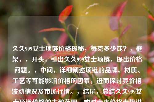 久久999女士项链价格探秘，每克多少钱？，框架，，开头，引出久久999女士项链，提出价格问题。，中间，详细阐述项链的品牌、材质、工艺等可能影响价格的因素，进而探讨其价格波动情况及市场行情。，结尾，总结久久999女士项链价格的大致范围，或对未来价格走势进行简单展望。